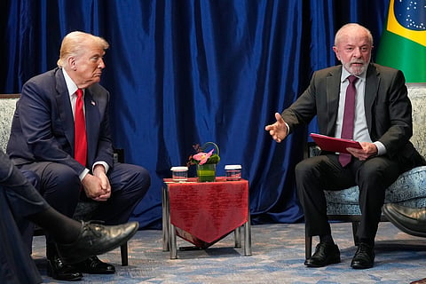 US President Donald Trump meets with Brazil's President Luiz Inacio Lula da Silva on the sidelines of the ASEAN Summit in Kuala Lumpur, Malaysia, Sunday, Oct. 26, 2025.