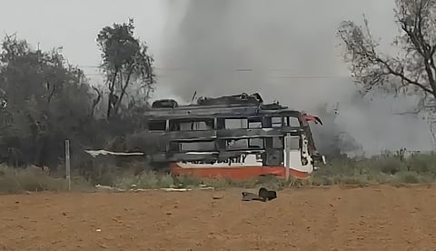 Two people were killed and over a dozen were injured after a bus caught fire upon coming in contact with a high-tension wire on the Jaipur-Delhi highway.