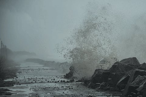 Waves crash against the shore amid rough sea conditions ahead of the landfall of Cyclone 'Montha' in  Andhra Pradesh coast; relief camps are operating all across the affected districts