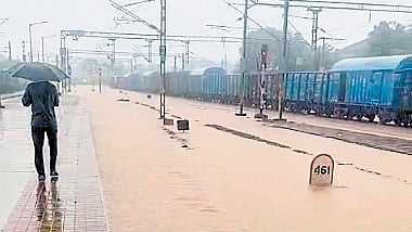 The Donakal Railway Station resembles a swimming pool after the intense Cyclone Montha-induced rains inundated it on Wednesday. 
