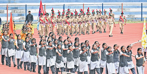 Ahead of Kannada Rajyotsava celebrations on November 1, students rehearse at Kanteerava Stadium on Thursday.