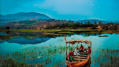 tourists riding a boat