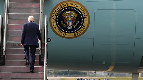 US President Donald Trump boards Air Force One at Gimhae International Airport in Busan, South Korea, Thursday, Oct. 30, 2025, en route to Joint Base Andrews, Md. 
