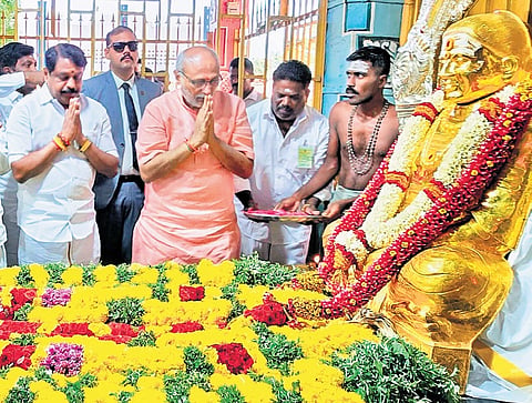 Vice President C P Radhakrishnan and Chief Minister M K Stalin paying respects to late leader Muthuramalinga Thevar on his 118th birth anniversary on Thursday 