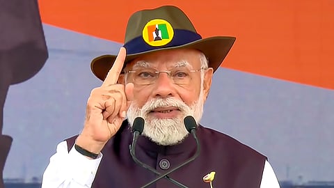Prime Minister Narendra Modi addresses a gathering during the 'Rashtriya Ekta Diwas' programme organised on Sardar Vallabhbhai Patel's 150th birth anniversary, at the Statue of Unity.
