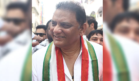 Former Cricketer and MLC Mohammed Azharuddin takes part in an election campaign at Yousufguda in Hyderabad ahead of the Jubilee Hills byelections. 