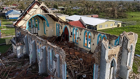 The church of Lacovia Tombstone, Jamaica, sits damaged in the aftermath of Hurricane Melissa, Wednesday, Oct. 29, 2025. 