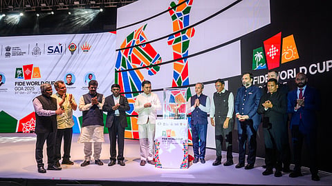 Dignitaries unveil the Viswanathan Anand Cup on Friday in Goa