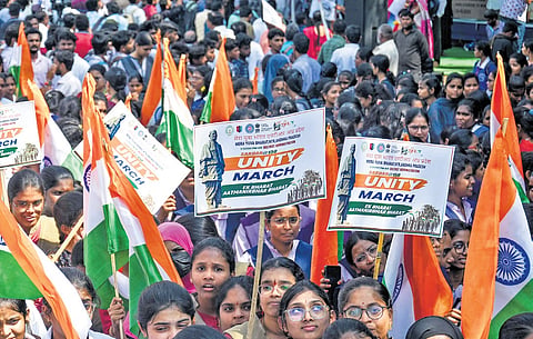 Students take part in Ekta Divas rally to mark the 150th birth anniversary of Sardar Vallabhbhai Patel in Vijayawada on Friday 
