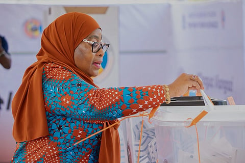 Tanzanian President Samia Suluhu Hassan casts her vote during the general elections at Chamwino polling station in Dodoma, Tanzania, Wednesday, Oct. 29, 2025. 