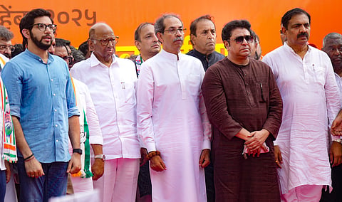 Representational Image: NCP (SP) chief Sharad Pawar, second left, Shiv Sena (UBT) chief Uddhav Thackeray, front center, Maharashtra Navnirman Sena (MNS) chief Raj Thackeray, second right, NCP (SP) leader Jayant Patil, right, Shiv Sena (UBT) leader Aaditya Thackeray, left, and others during a protest by Maha Vikas Aghadi (MVA), an alliance between Congress, Shiv Sena (UBT) and NCP (SP), against alleged irregularities in the voters list, in Mumbai, Saturday, Nov. 1, 2025.