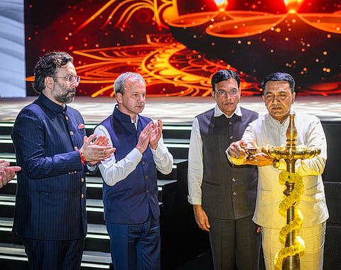 FIDE president Arkady Dvorkovich (2nd L) during the Opening Ceremony of the World Cup 2025  at Taleigao, Goa, on Friday