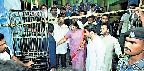 IT Minister Nara Lokesh, Home Minister Vangalapudi Anitha and Union Civil Aviation Minister K Rammohan Naidu at the stampede site in Kasibugga