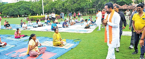 Union minister G Kishan Reddy campaigns for BJP candidate Lankala Deepak Reddy at Krishna Kanth Park in Yousufguda on Sunday