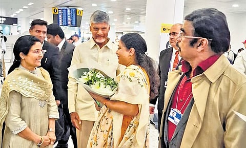Chief Minister N Chandrababu Naidu and his wife Bhuvaneswari being greeted  by Telugu diaspora upon their arrival in London on Sunday.