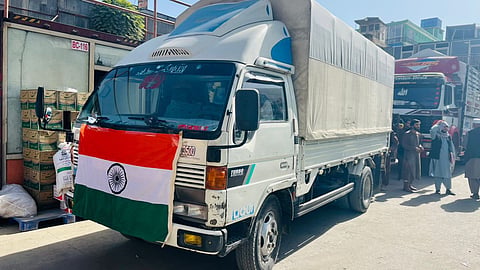 India delivers food items for the families affected by the earthquake in Afghanistan, Nov. 3, 2025.