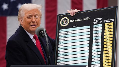 FILE - US President Donald Trump speaks during an event to announce new tariffs, April 2, 2025, in the Rose Garden at the White House in Washington. 