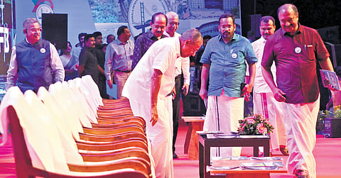 Chief Minister Pinarayi Vijayan takes his seat during the KIIFB silver jubilee celebrations at Nishagandhi auditorium in Thiruvananthapuram on Tuesday. Ministers K N Balagopal, K Rajan and G R Anil, Chief Secretary A Jayathilak, MLA V K Prasanth, and KIIFB CEO K M Abraham are also seen 