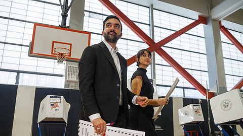 New York mayoral candidate Zohran Mamdani and his wife Rama Sawaf Duwaji vote on Election Day, Tuesday, Nov. 4, 2025, in New York. 