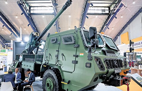 A model of MARG 39, a self-propelled howitzer artillery system, on display during the 7th India Manufacturing Show in Bengaluru on Thursday.