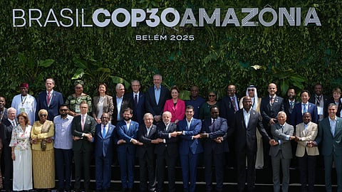 Leaders attending the COP30 UN Climate Summit pose for a group photo in Belem, Brazil.