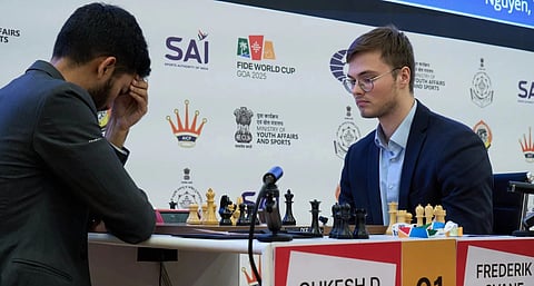 D Gukesh reacts during his game against Germany's Frederik Svane on Saturday. The Indian world champion was eliminated from the World Cup 