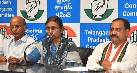 TPCC Working President Mahesh Kumar Goud and AICC Telangana incharge Meenakshi Natarajan addressing media during a press conference 