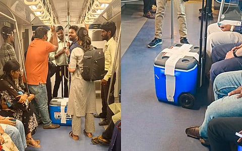  A team of doctors along with other officials transported lungs for transplantation from NIMHANS, Bengaluru to Apollo Hospital on Greams Road on Chennai Metro Rail on Saturday.