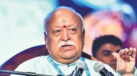 RSS chief Mohan Bhagwat addresses ‘100 Years of Sangh Journey: New Horizons’ event, in Bengaluru on Sunday 