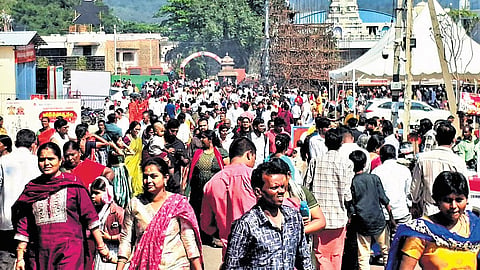 Scores of devotees thronged the Srisailam temple on Sunday. 
