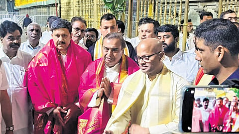 Mukesh Ambani during his visit to the sacred hill shrine of Tirumala on Sunday.