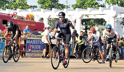 Bengaluru South MP Tejasvi Surya during the cycling leg of the Ironman endurance triathlon in Goa on Sunday 