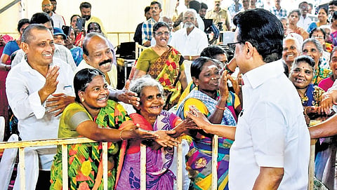 CM MK Stalin interacting with senior citizens at the launch of Anbucholai, a daycare centre for the aged, at Ponmalaipatti in Tiruchy on Monday 