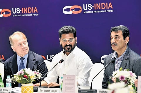Chief Minister A Revanth Reddy attends the US–India Strategic Partnership 
Forum meeting in Delhi on Thursday