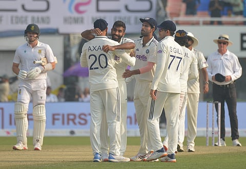 Pacer Jasprit Bumrah celebrates a wicket on the first day of the first Test between India and South Africa at the Eden Gardens. (Express Photo | Sayantan Ghosh)