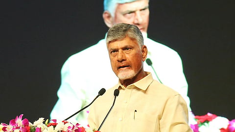 Chief minister Nara Chandrababu Naidu speaking at the 30th CII Partnership Summit in Visakhapatnam on Friday. Express photo by 