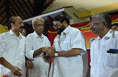 K. Jayakumar IAS, appointed President of the Travancore Devaswom Board, talks with Devaswom Minister Vasan after his oath-taking ceremony at the Devaswom Board headquarters in Thiruvananthapuram. 