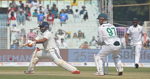 India's Rishabh Pant plays a shot during the second day of the first Test cricket match of a series between India and South Africa, at the Eden Gardens, in Kolkata, Saturday, Nov. 15, 2025. 