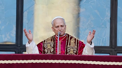 Pope Leo XIV appears from the balcony at the Basilica of St. Mary Major to take possession of the last of the four major papal basilicas that completes the symbolic and liturgical "taking possession" of the four basilicas that signify full papal authority within Rome, in Rome, Sunday, May 25, 2025. 