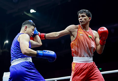 Ankush Panghal (R) in action vs Wakaya Go from Japan at the World Boxing Cup Finals Greater Noida on Sunday