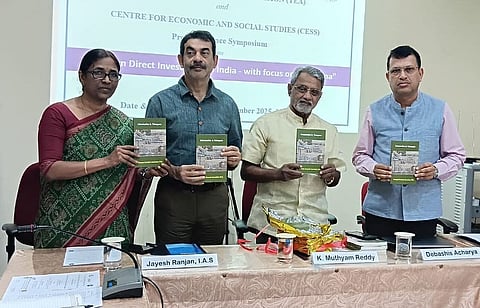 Special Chief Secretary Jayesh Ranjan along with TEA president Muthyam Reddy, CESS director Revathi during the Pre Conference Symposium on "Foreign Direct Investment in India - with focus on Telangana"