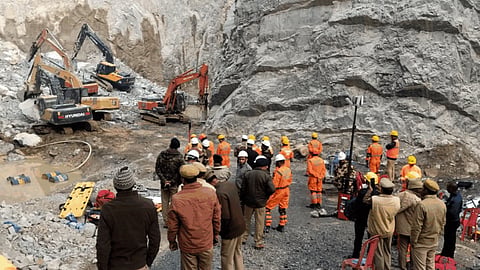 Rescue operation underway after a portion of a stone quarry collapsed, in Sonbhadra, Uttar Pradesh