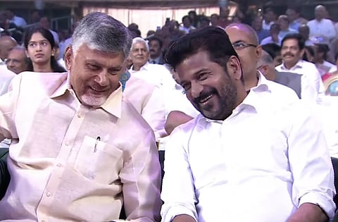 Telangana Chief Minister A Revanth Reddy along with his Andhra Pradesh counterpart N Chandrababu Naidu during the Ramoji Excellence Awards ceremony.