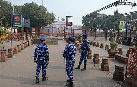 Security personnel keep vigil in the aftermath of a blast, near the Red Fort, in New Delhi. 