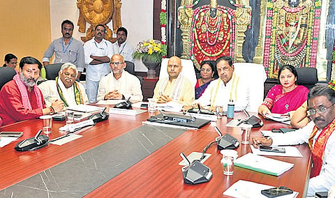 TTD Chairman BR Naidu and board members take part in an emergency meeting 
at Annamayya Bhavan in Tirumala on Tuesday.