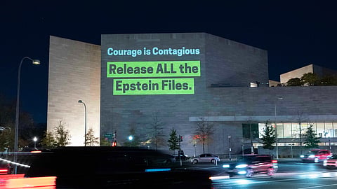 A World Without Exploitation projection is seen on the wall of the National Gallery of Art calling on Congress to vote yes on the Epstein Files Transparency Act in Washington, Monday, Nov. 17, 2025.