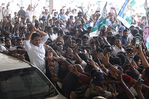 Supporters of Former Andhra Pradesh Chief Minister YS Jagan Mohan Reddy welcomes him at Begumpet Airport as the YSRCP chief arrives at Hyderabad for appearing before the CBI court. 