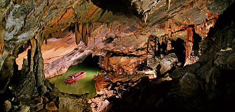 A boat ride inside the Penn's Cave, an all-water cavern in Pennsylvania, US  