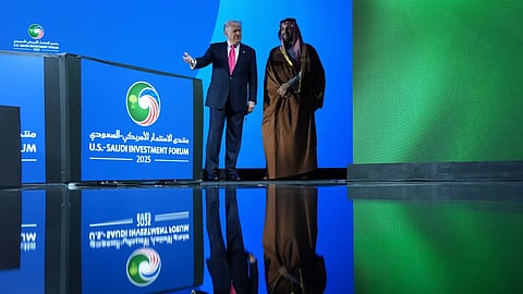 President Donald Trump walks on stage during the Saudi Investment Forum with Saudi Arabia’s Crown Prince Mohammed bin Salman at the Kennedy Center, Wednesday, Nov. 19, 2025, in Washington. 