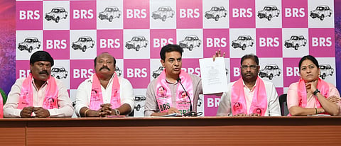 BRS working president KT Rama Rao addressing the media at the party office in Hyderabad on Friday.